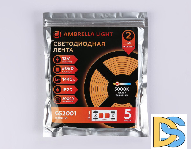 Светодиодная лента Ambrella Light LED Strip 12В 5050 14,4Вт/м 3000K 5м IP20 GS2001