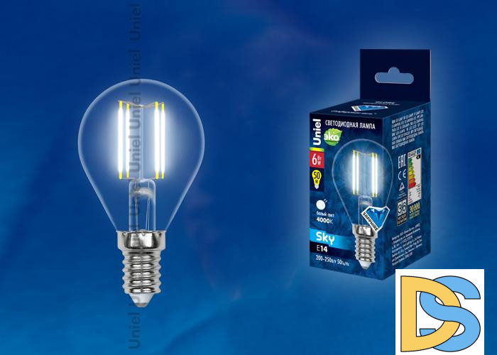 Лампа светодиодная филаментная (UL-00001370) Uniel E27 6W 4000K прозрачная LED-G45-6W/NW/E27/CL PLS02WH