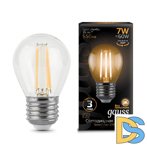 Лампа светодиодная филаментная Gauss E27 7W 2700К прозрачная 105802107