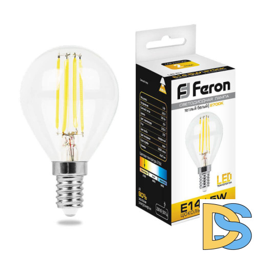Лампа светодиодная филаментная Feron E14 5W 2700K Шар Прозрачная LB-61 25578