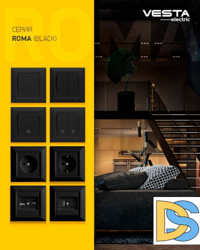 Розетка одинарная с заземлением с крышкой черная Vesta-Electric Roma Black