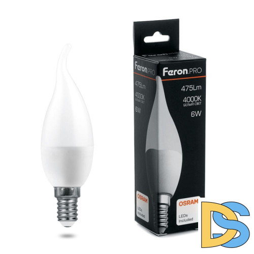 Лампа светодиодная Feron E14 6W 4000K свеча на ветру матовая LB-1306 38048