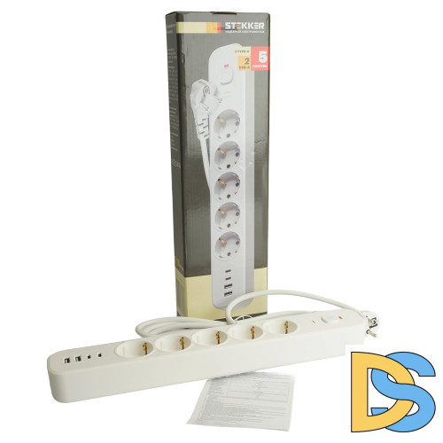 Сетевой фильтр 5-местный с/з и 2 USB-A+2 Type-C 3 Stekker Nova HM21-51-03 50103