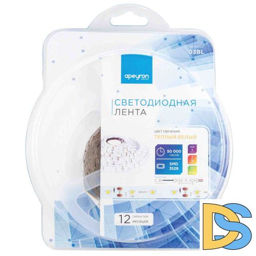 Светодиодная лента Apeyron 12В СТ 4,8Вт/м smd3528, 60д/м IP20 280Лм/м 5м 3000К 03BL