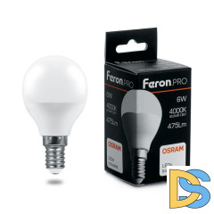 Лампа светодиодная Feron E14 6W 4000K шар матовый LB-1406 38066