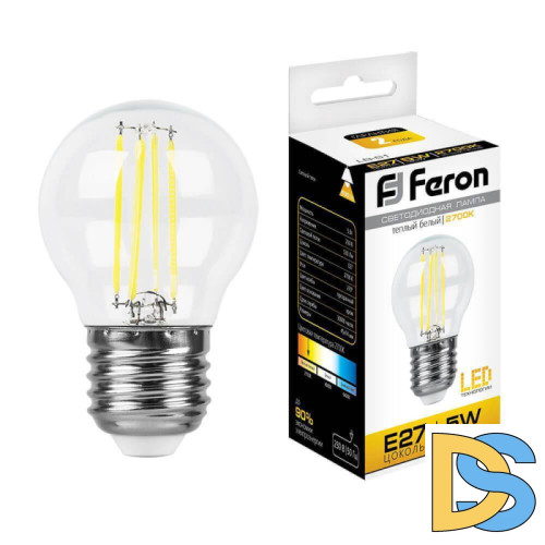 Лампа светодиодная филаментная Feron E27 5W 2700K Шар Прозрачная LB-61 25581