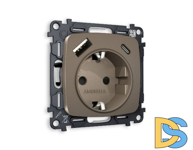 Комплект механизма розетки 2USB A+C 20W (быстрая зарядка) с/з Ambrella Volt Omega MO640010