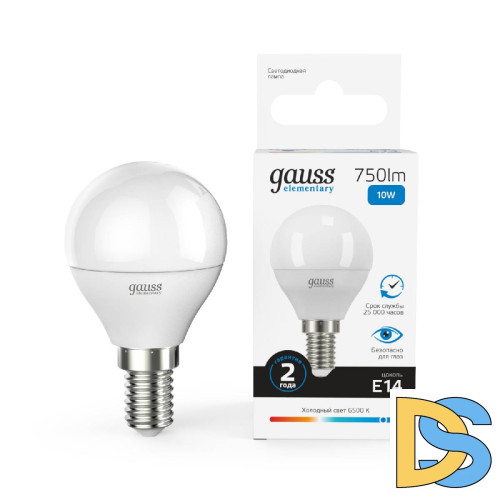 Лампа светодиодная Gauss E14 10W 6500K шар матовый 53130
