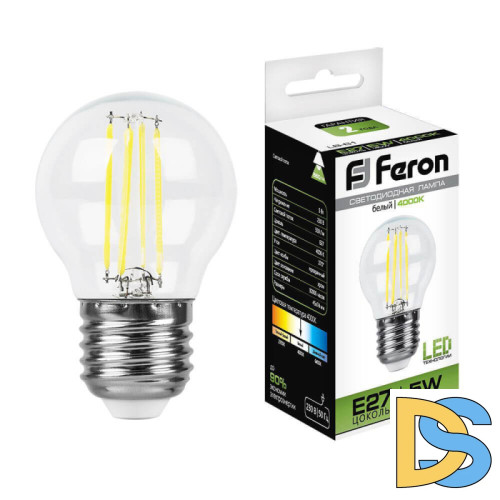 Лампа светодиодная филаментная Feron E27 5W 4000K Шар Прозрачная LB-61 25582