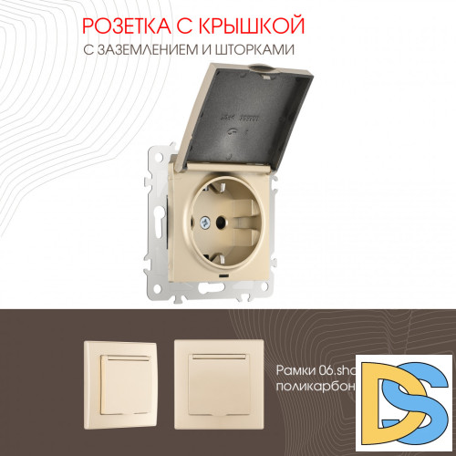 Розетка с заземлением, шторками и защитной крышкой Arte Milano 206.41-1.shampan