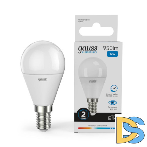 Лампа светодиодная Gauss E14 12W 6500K шар матовый 53132