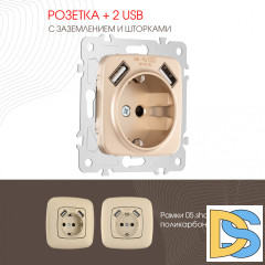 Розетка с заземлением, шторками + 2 USB Arte Milano 205.47-1.shampan