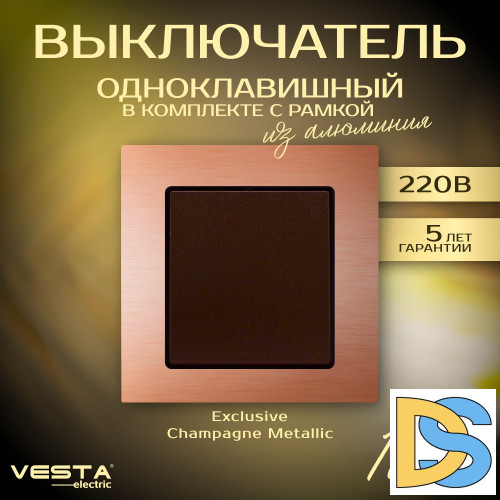 Выключатель одноклавишный в рамке из алюминия Vesta-Electric Exclusive Champagne Metallic