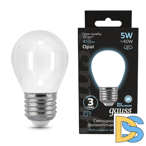 Лампа светодиодная филаментная Gauss E27 5W 4100К матовая 105202205