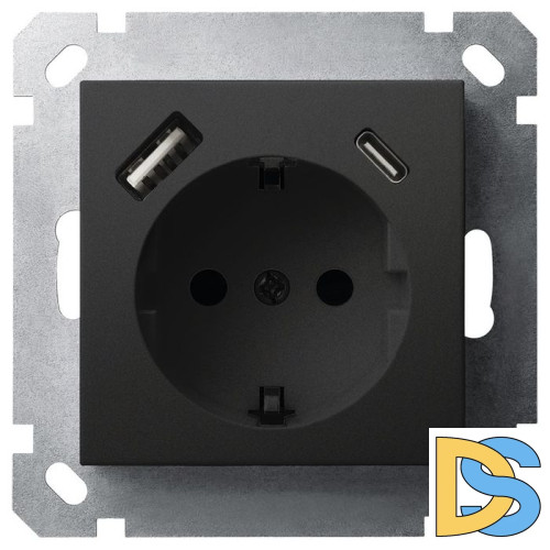 Розетка SHUKO Jasmart с USB тип USB A-C с защитными шторками черный матовый (soft touch) 25W 16A 250V 2P+T G5501USB-25PB