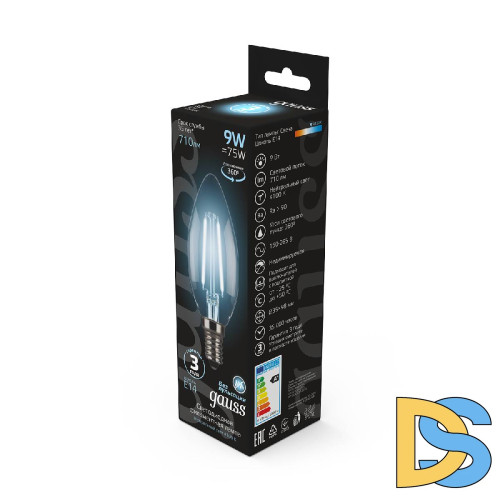 Лампа светодиодная филаментная Gauss E14 9W 4100К прозрачная 103801209