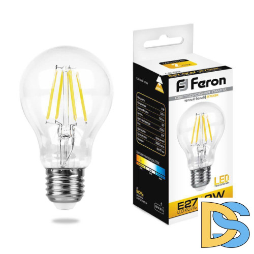 Лампа светодиодная филаментная Feron E27 9W 2700K Шар Прозрачная LB-63 25631