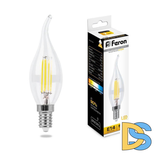 Лампа светодиодная филаментная Feron E14 5W 2700K Свеча на ветру Прозрачная LB-59 25575