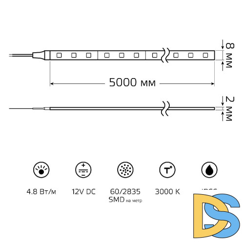 Светодиодная влагозащищенная лента Gauss 4,8W/m 60LED/m 2835SMD теплый белый 5M 311000105