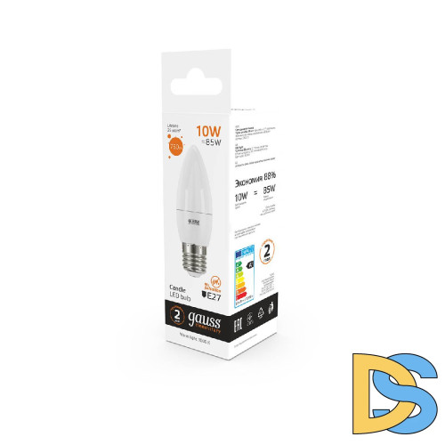 Лампа светодиодная Gauss E27 10W 3000K свеча матовая 30210