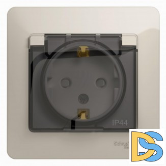 Розетка 1-ая электрическая, с заземлением, крышкой IР44, влагозащищенная, Молочный, серия Glossa, Schneider Electric