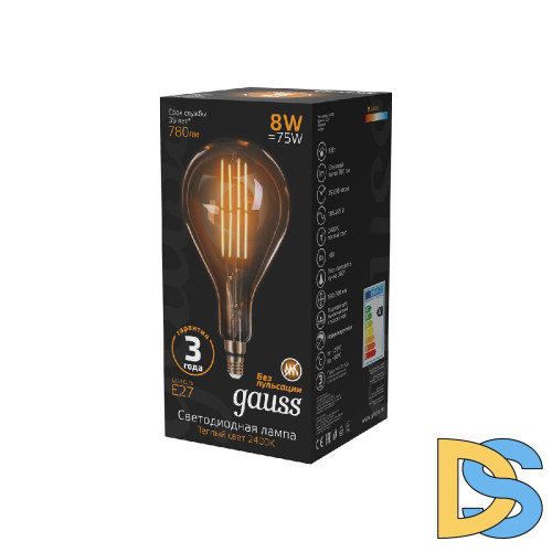 Лампа светодиодная филаментная Gauss E27 8W 2400K золотая 149802008