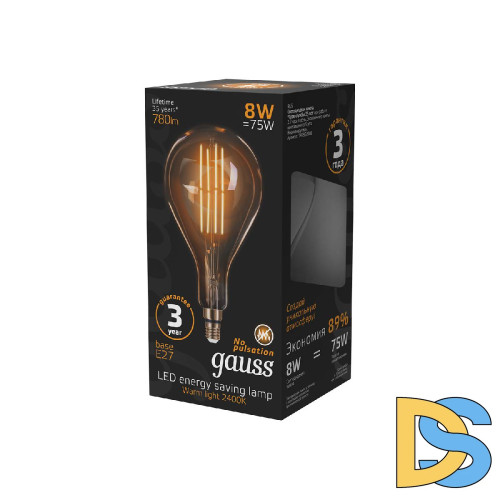 Лампа светодиодная филаментная Gauss E27 8W 2400K золотая 149802008