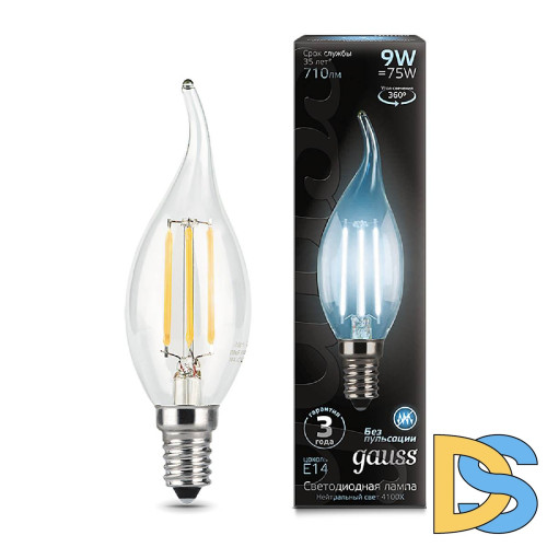 Лампа светодиодная филаментная Gauss E14 9W 4100К прозрачная 104801209