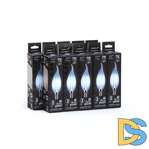 Лампа светодиодная филаментная Gauss E14 9W 4100К прозрачная 104801209