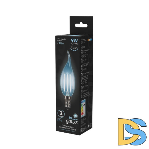 Лампа светодиодная филаментная Gauss E14 9W 4100К прозрачная 104801209