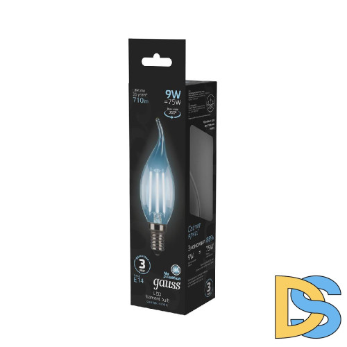 Лампа светодиодная филаментная Gauss E14 9W 4100К прозрачная 104801209