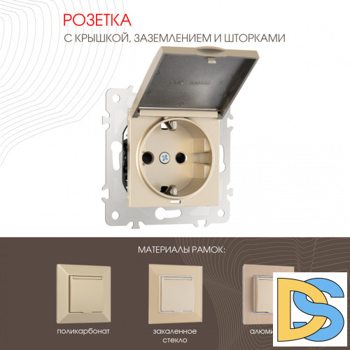 Розетка с заземлением, шторками и защитной крышкой Arte Milano 203.41-1.shampan