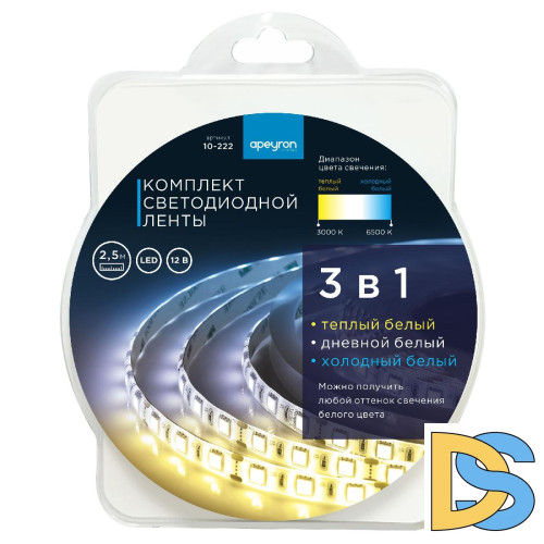 Комплект светодиодной ленты Apeyron 12В 14,4Вт/м smd5050 60д/м IP20 700Лм/м 2,5м 3000К+6500К (коннектор, контроллер) 10-222