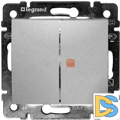 Переключатель двухклавишный Legrand Valena 10A 250V с подсветкой алюминий 770145