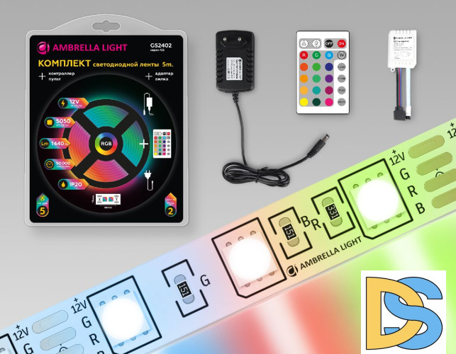 Светодиодная лента Ambrella Light LED Strip 12В 5050 14,4Вт/м RGB 5м IP20 GS2402