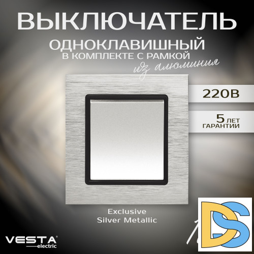 Выключатель одноклавишный в рамке из алюминия серебристый Vesta-Electric Exclusive Silver Metallic
