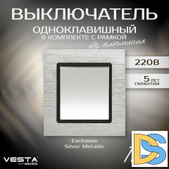 Выключатель одноклавишный в рамке из алюминия серебристый Vesta-Electric Exclusive Silver Metallic