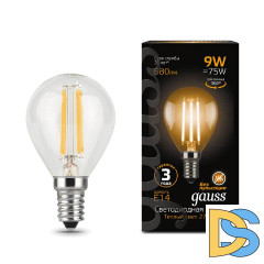 Лампа светодиодная филаментная Gauss E14 9W 2700К прозрачная 105801109