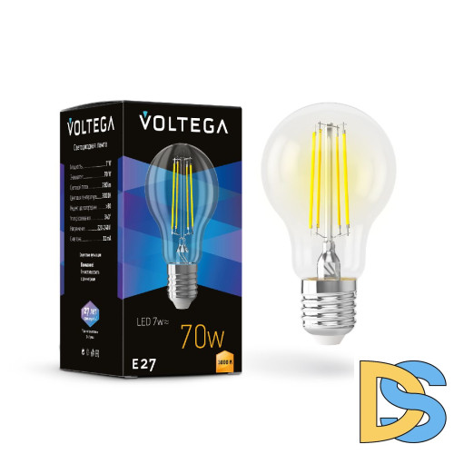Лампа светодиодная филаментная Voltega E27 7W 3000K груша прозрачная 7225