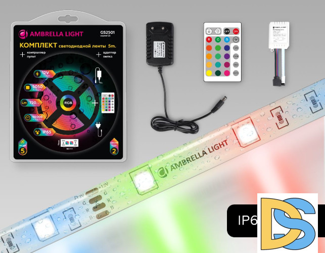 Светодиодная лента Ambrella Light LED Strip 12В 5050 7,2Вт/м RGB 5м IP65 GS2501