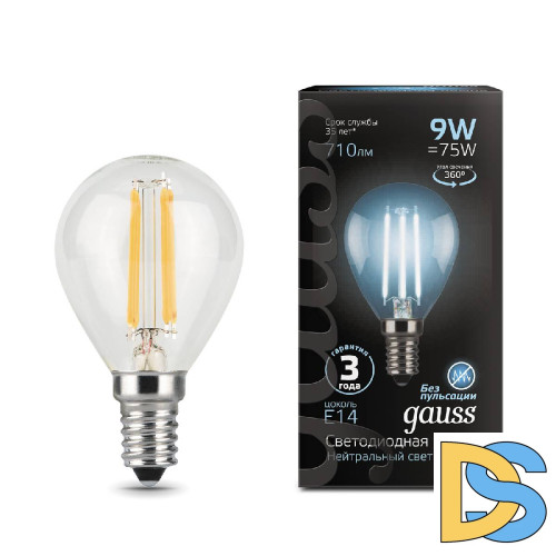 Лампа светодиодная филаментная Gauss E14 9W 4100К прозрачная 105801209