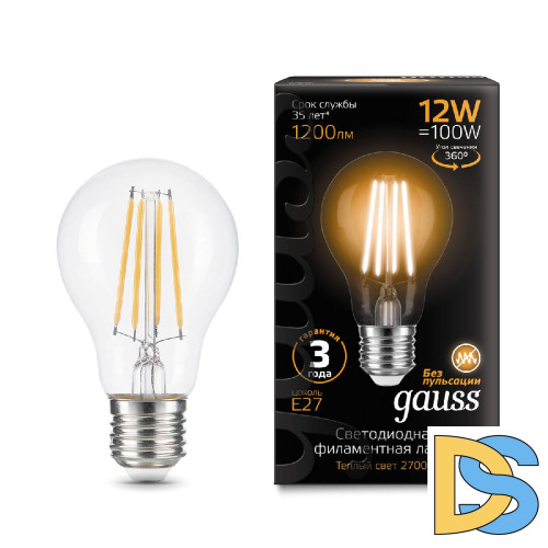 Лампа светодиодная филаментная Gauss E27 12W 2700K груша прозрачная 102902112