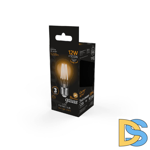 Лампа светодиодная филаментная Gauss E27 12W 2700K груша прозрачная 102902112