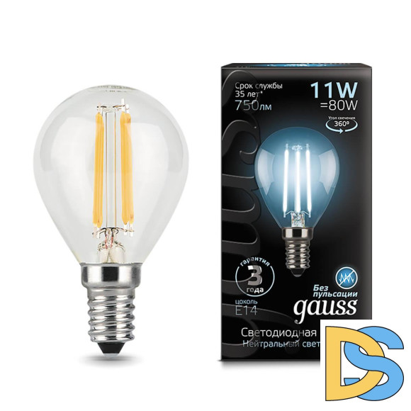 Лампа светодиодная филаментная Gauss E14 11W 4100К прозрачная 105801211