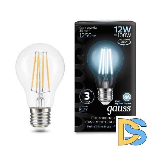 Лампа светодиодная филаментная Gauss E27 12W 4100K груша прозрачная 102902212