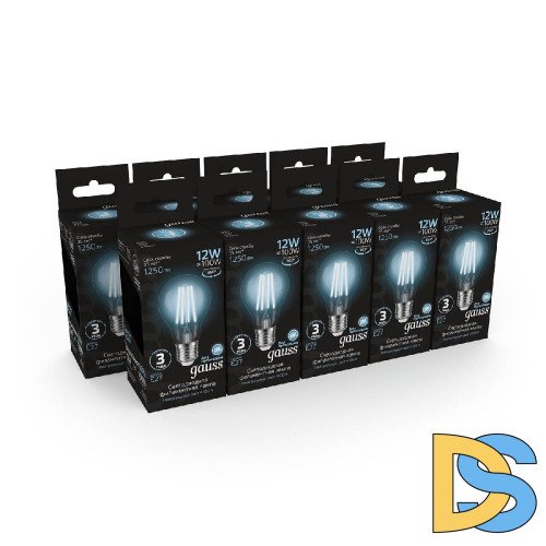 Лампа светодиодная филаментная Gauss E27 12W 4100K груша прозрачная 102902212