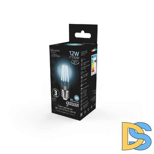 Лампа светодиодная филаментная Gauss E27 12W 4100K груша прозрачная 102902212