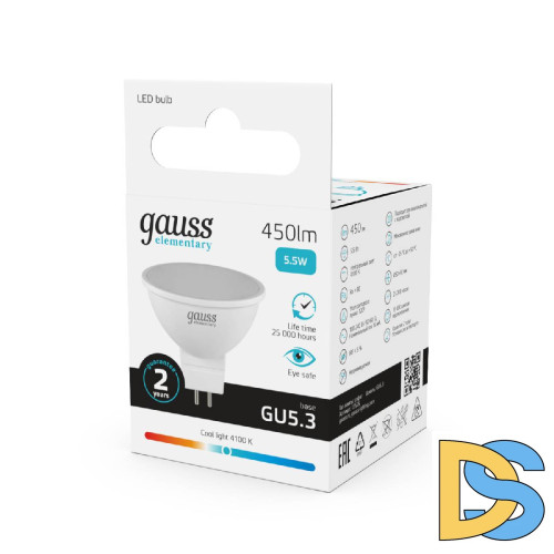 Лампа cветодиодная Gauss GU5.3 5.5W 4100K матовая 13526
