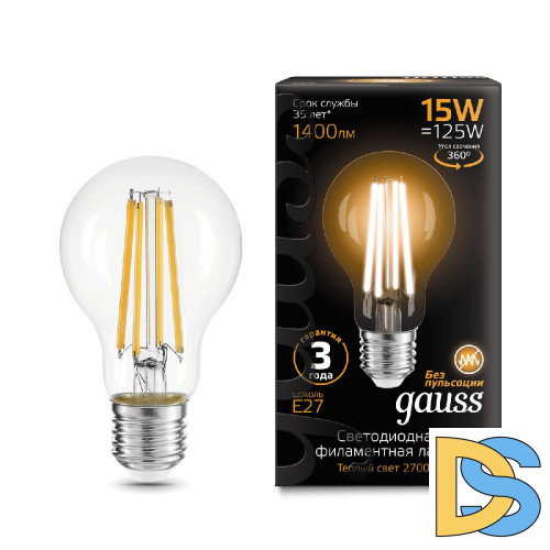 Лампа светодиодная филаментная Gauss E27 15W 2700K груша прозрачная 102902115