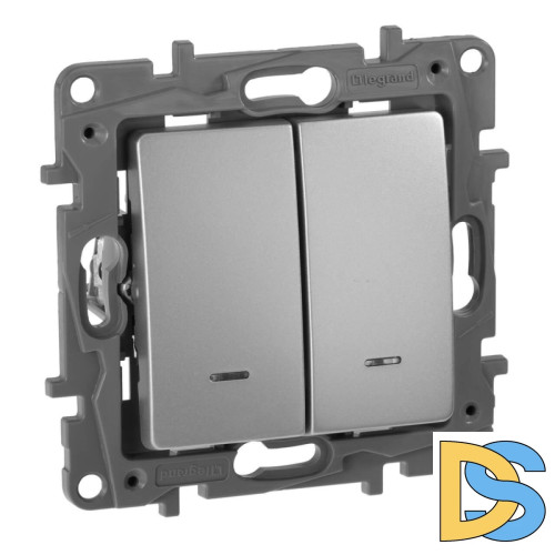 Выключатель двухклавишный Legrand Etika с подсветкой 10A 250V алюминий 672404